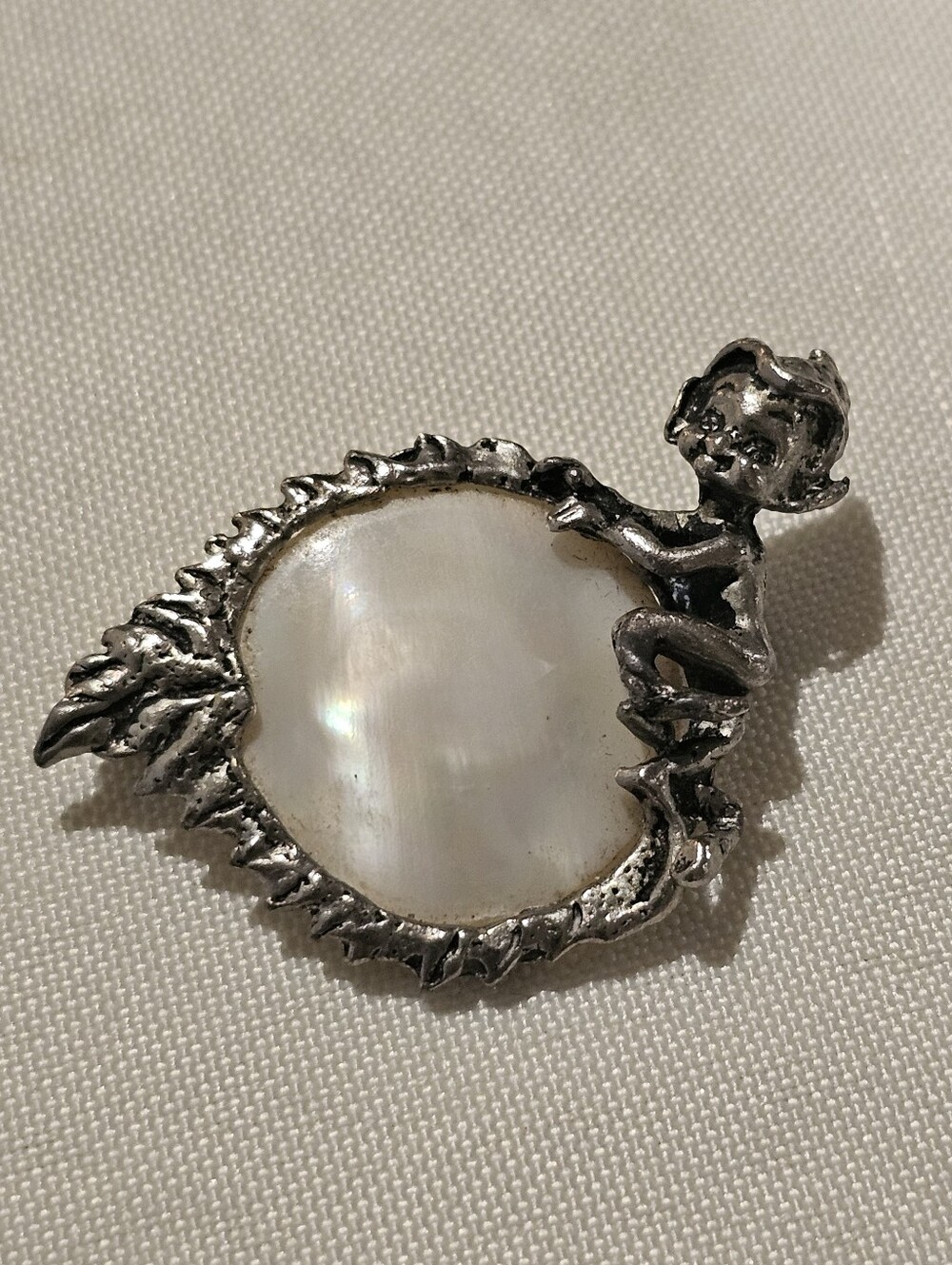 Vintage Brooch Elf On A Leaf With Mother Of Pearl